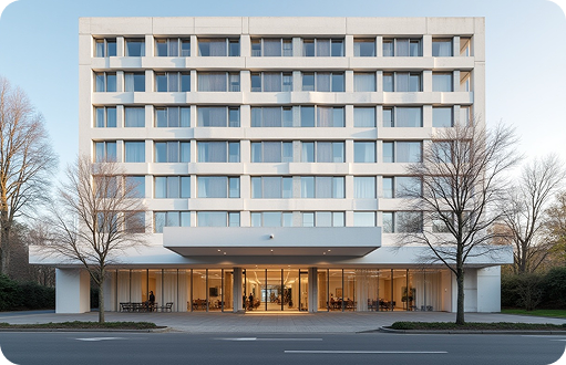 Elegant boutique hotel entrance with arched windows