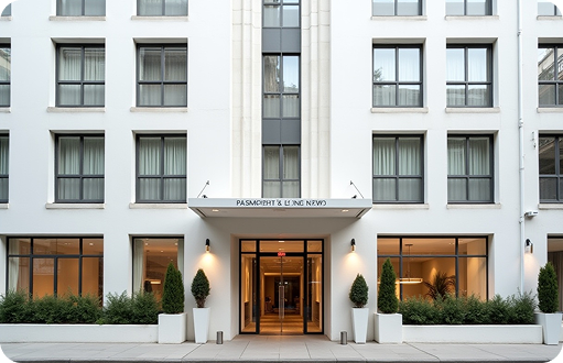 Modern city hotel with white facade and large windows