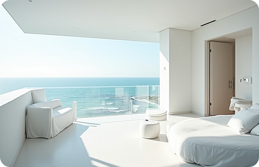Luxury resort room with ocean view and balcony